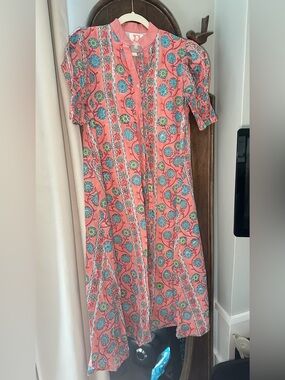 Victoria Dunn Coral Pink Floral Midi Dress with Blue & Green Accents